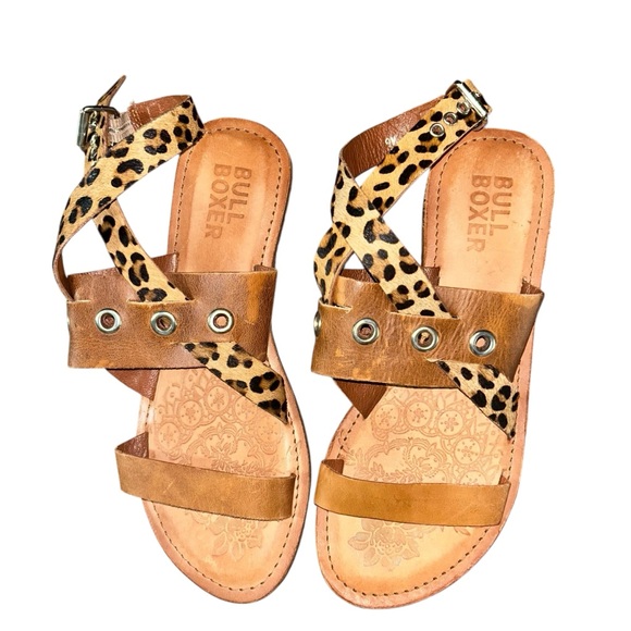Bull Boxer Women’s Leather Sandals Leopard Animal Print Strappy Gladiator 9M - Picture 1 of 8